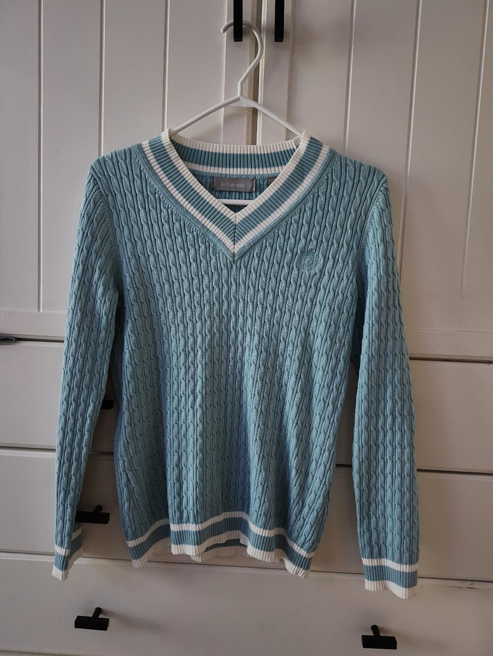 Liz Claiborne Light Blue Cable Knit V-Neck Sweater Sz M
